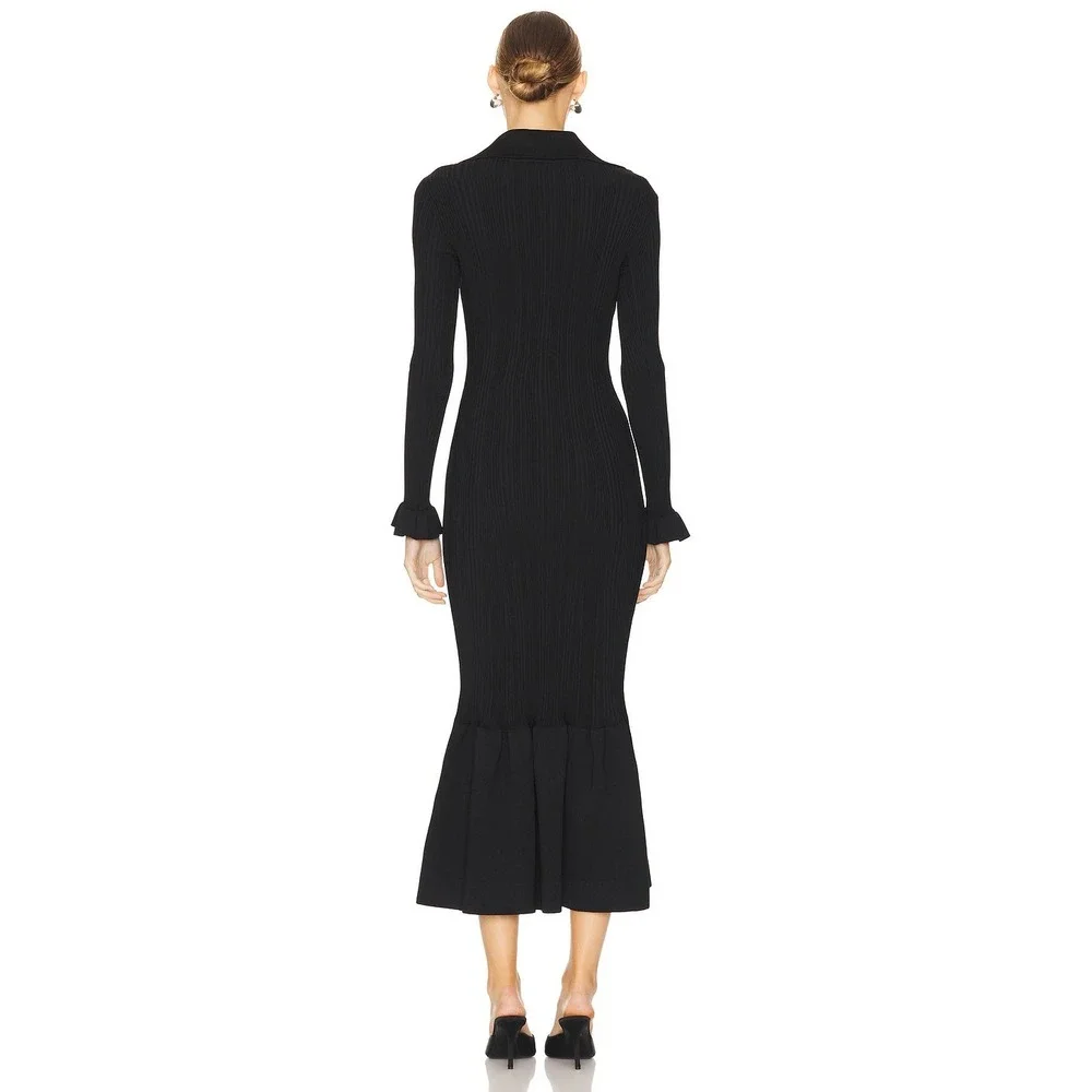 NWT Self-Portrait Black Ribbed Knit Fluted Midi Dress $555 - Size Small - Picture 13 of 16